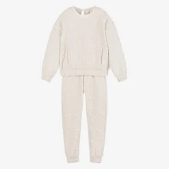 Girls Ivory Ribbed Flower Tracksuit
