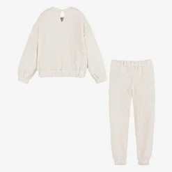 Girls Ivory Ribbed Flower Tracksuit
