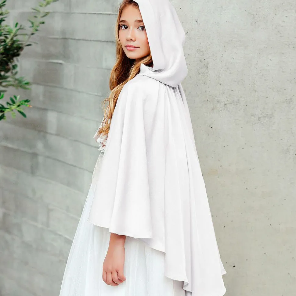 Girls Ivory Satin Hooded Cape
