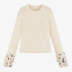 Girls Ivory Sequin & Feather Top