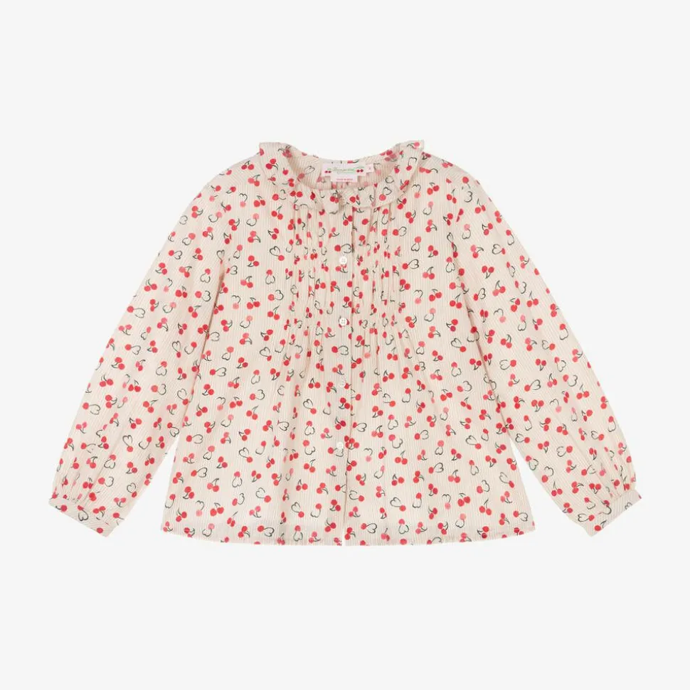 Girls Ivory Stripe Cherry Cotton Blouse