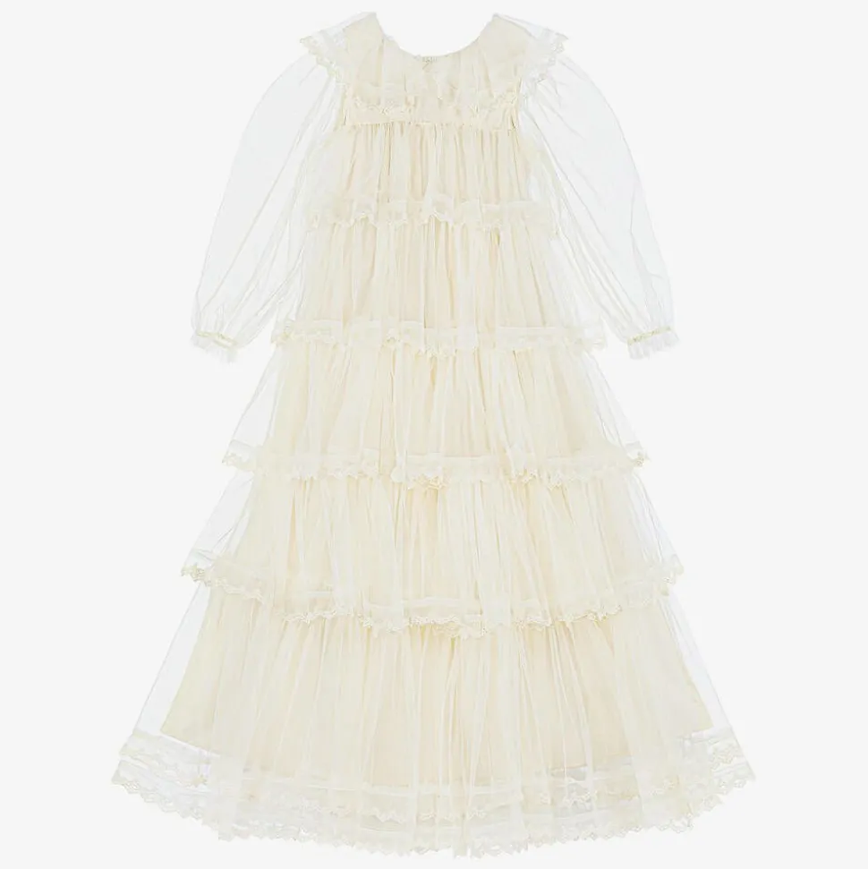 Girls Long Ivory Embroidered Tulle Dress