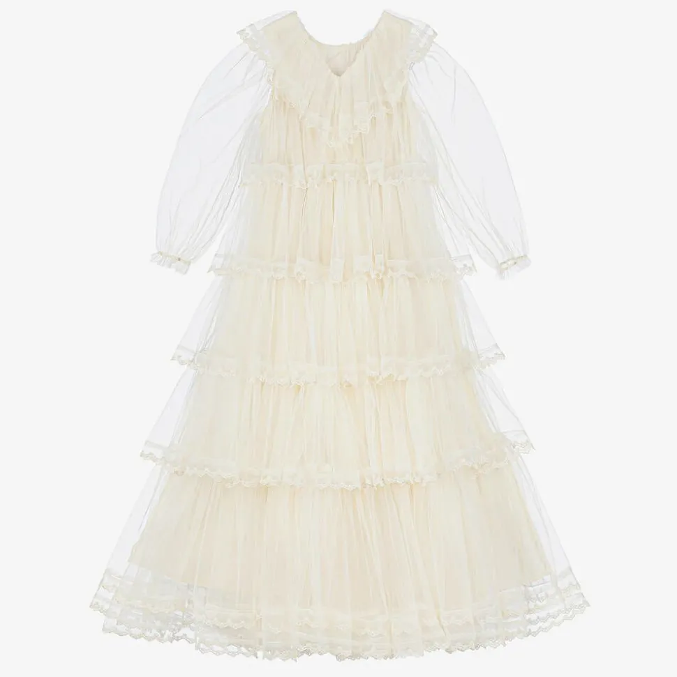 Girls Long Ivory Embroidered Tulle Dress