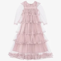 Girls Long Pink Embroidered Tulle Dress