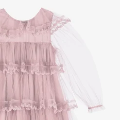 Girls Long Pink Embroidered Tulle Dress