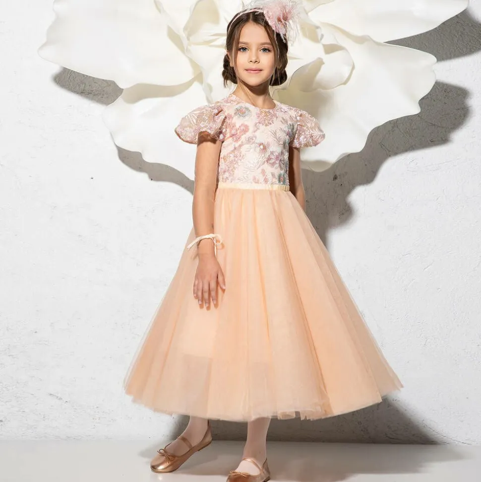 Girls Long Pink Sequinned Tulle Dress