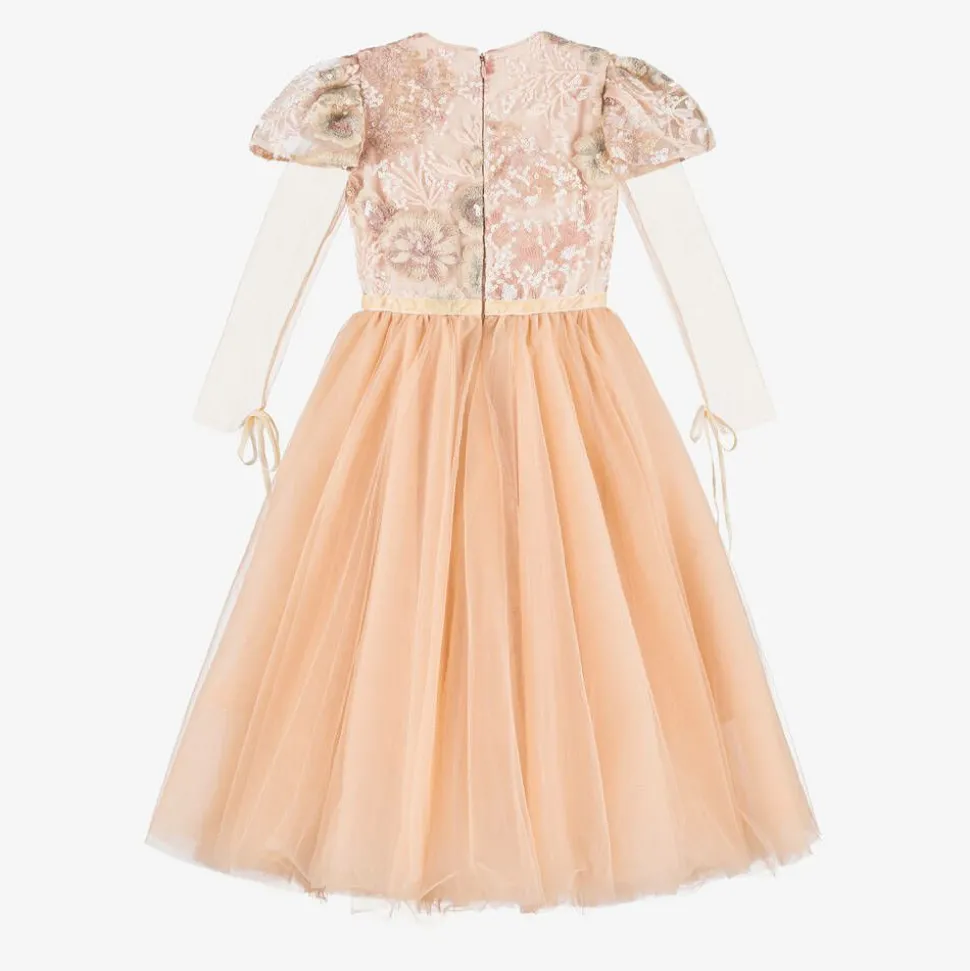 Girls Long Pink Sequinned Tulle Dress