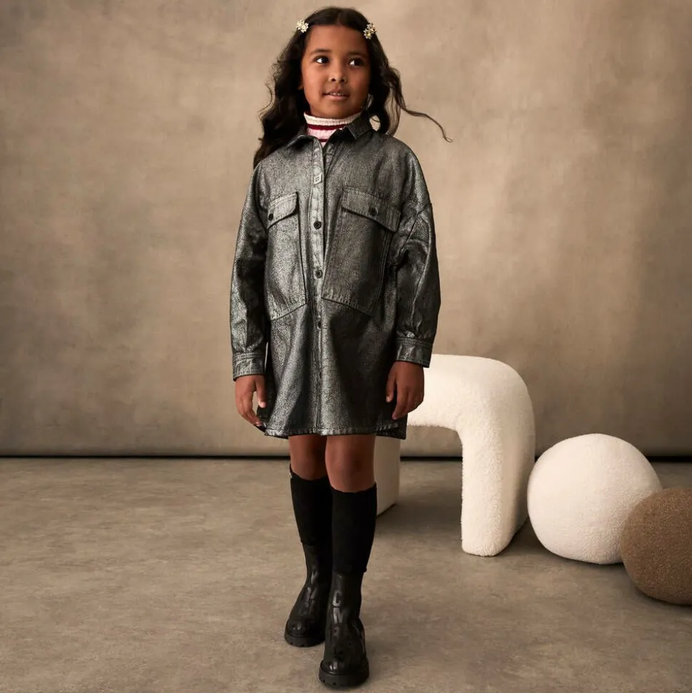 Girls Metallic Silver Denim Dress