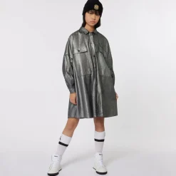 Girls Metallic Silver Denim Dress