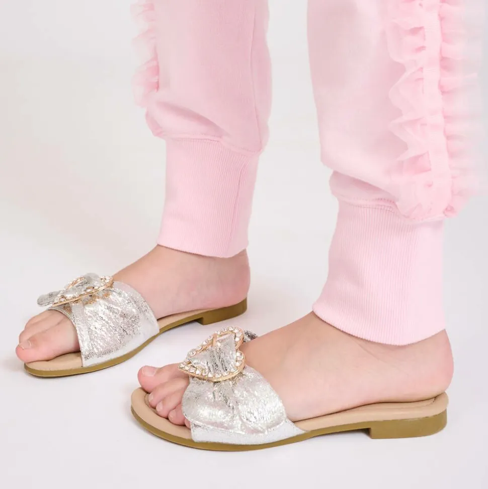 Girls Metallic Silver Heart Sliders