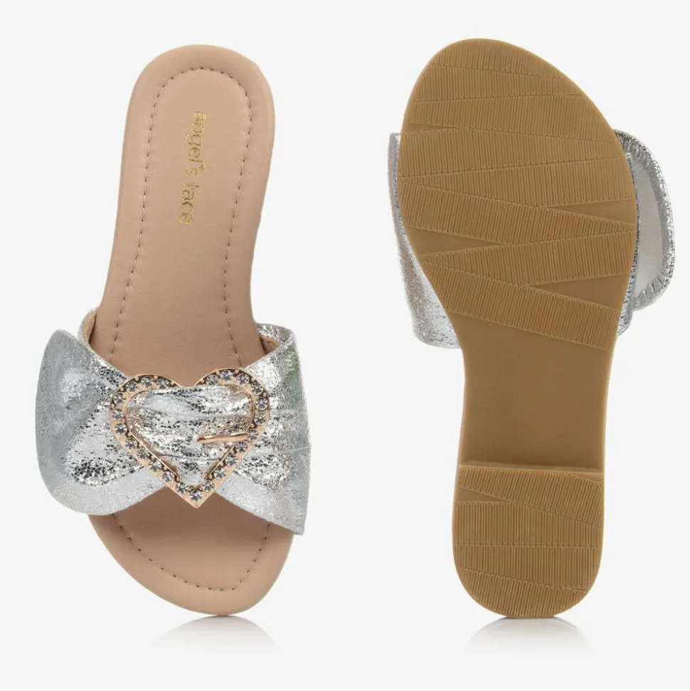 Girls Metallic Silver Heart Sliders