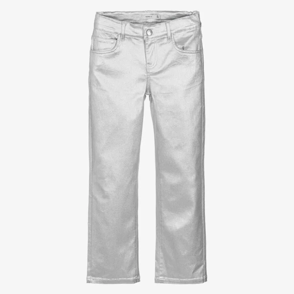 Girls Metallic Silver Straight-Leg Jeans