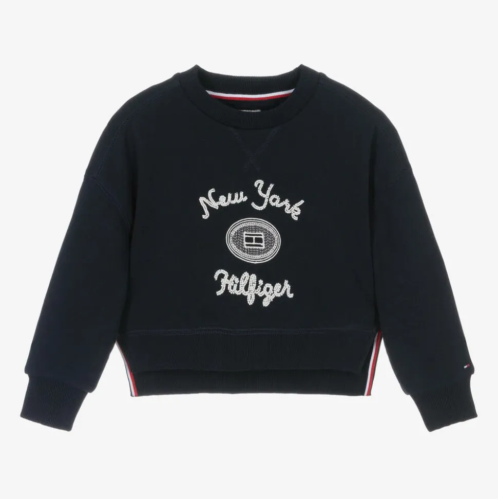 Girls Navy Blue Beaded Cotton Sweatshirt