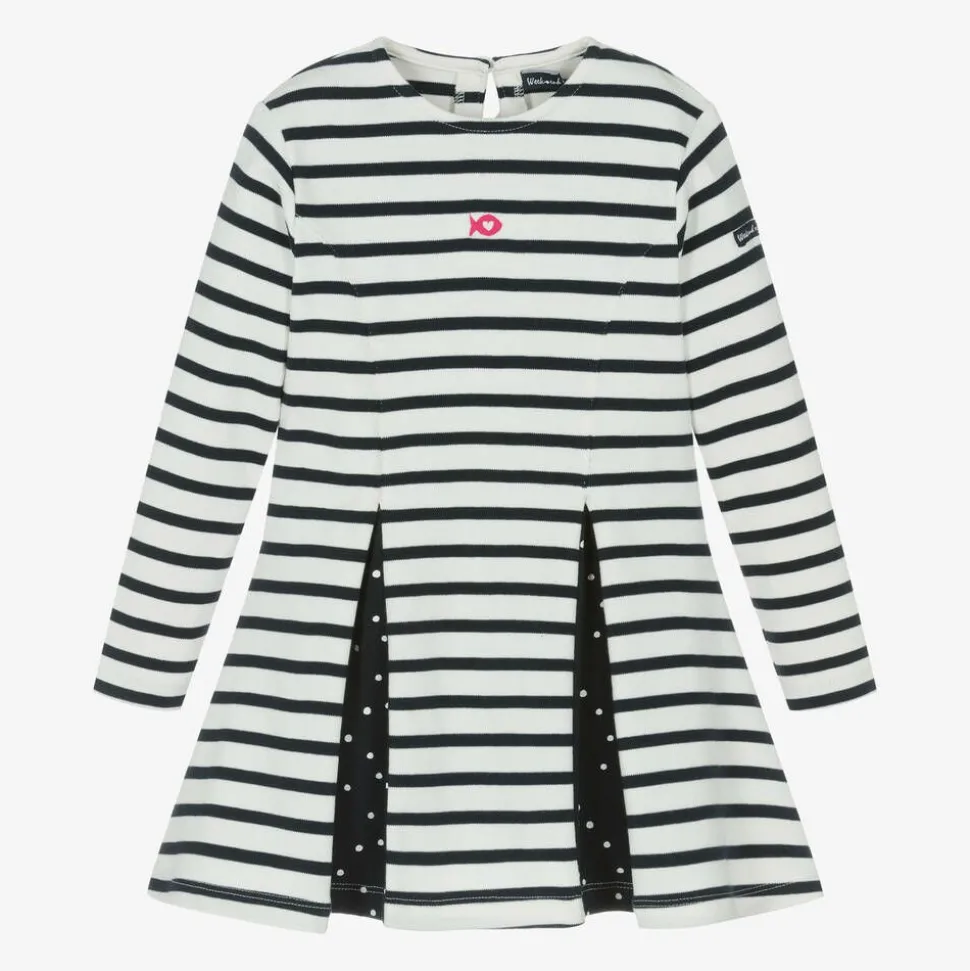 Girls Navy Blue Breton Stripe Cotton Dress