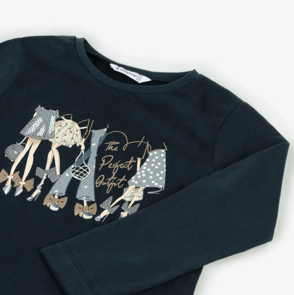 Girls Navy Blue Cotton Outfit Print Top