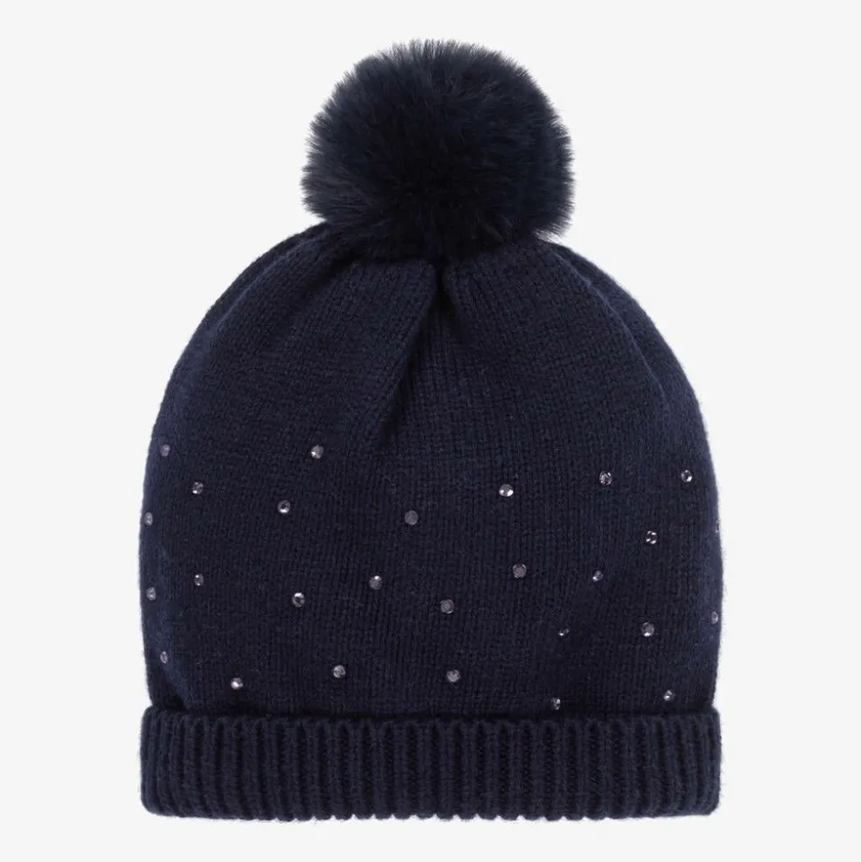 Girls Navy Blue Diamanté Cotton Knit Hat
