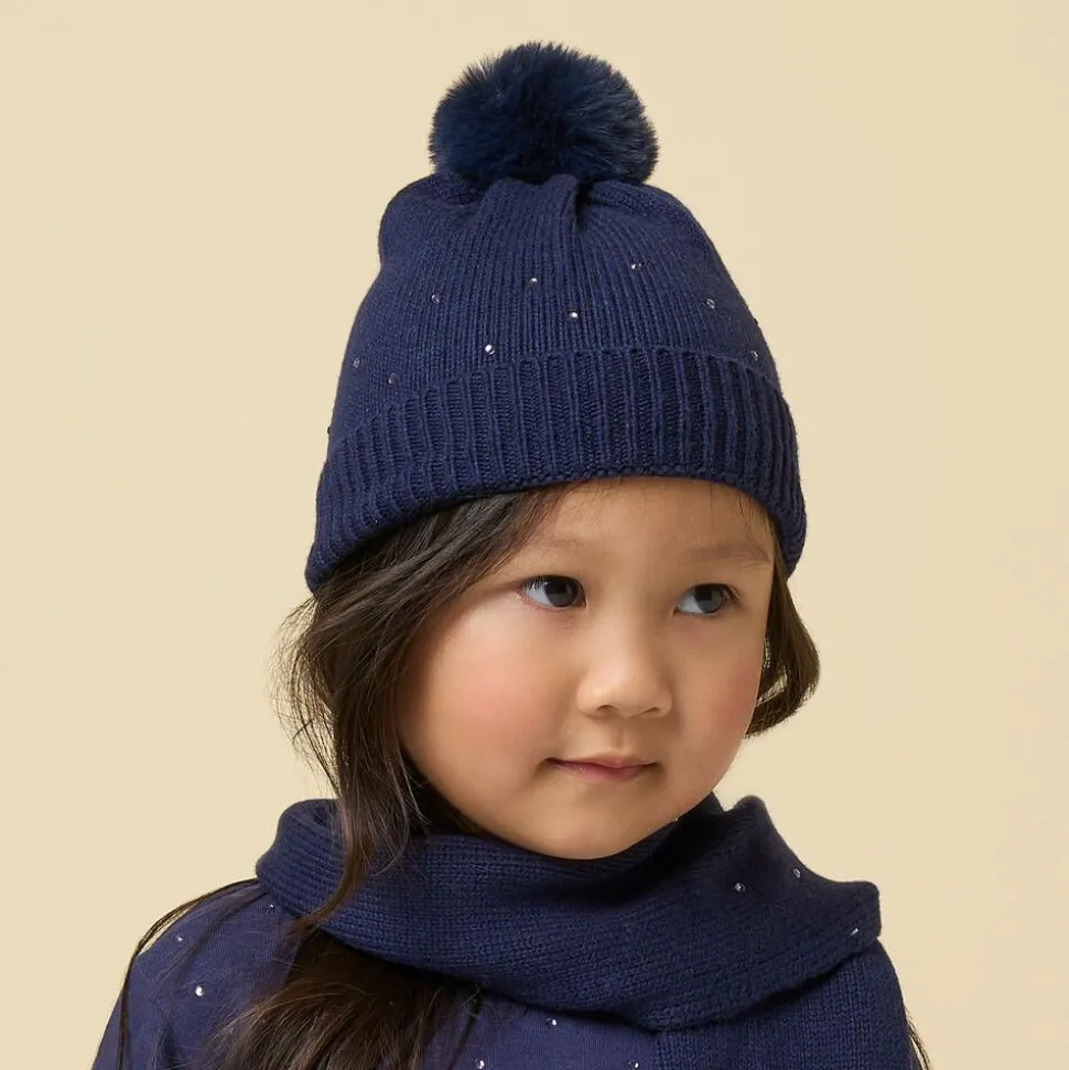 Girls Navy Blue Diamanté Cotton Knit Hat