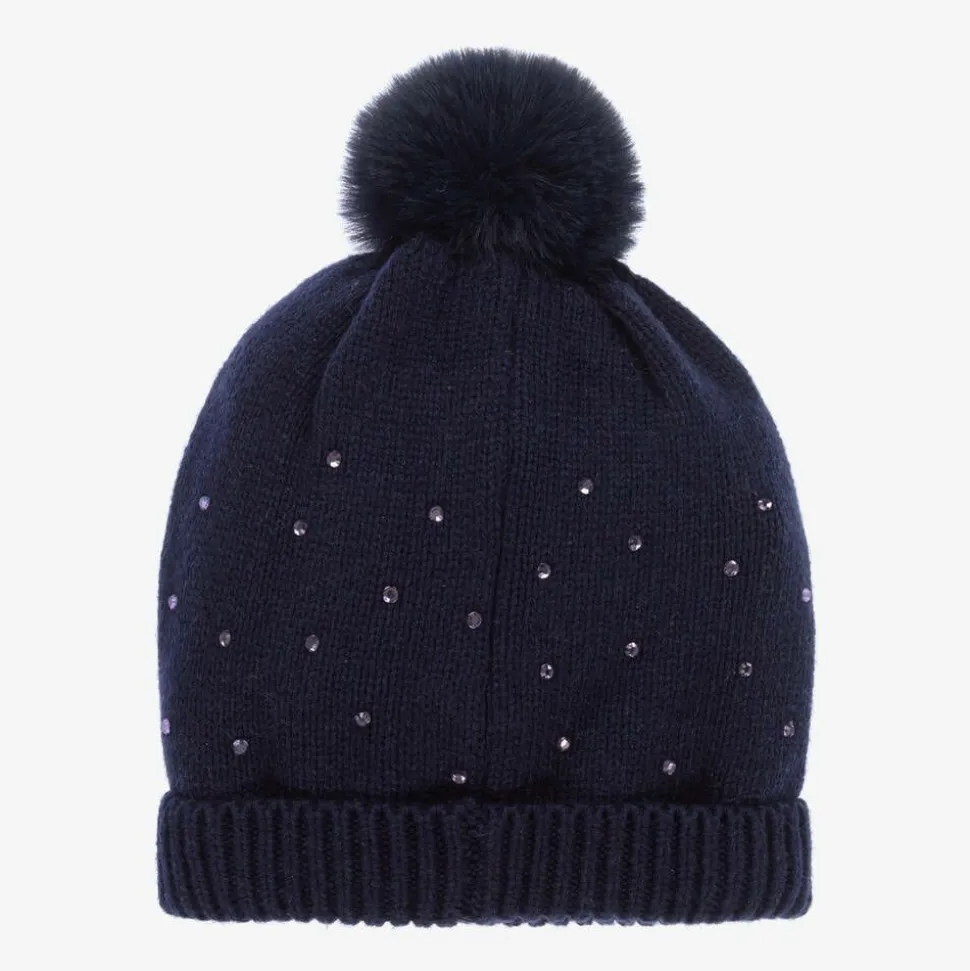 Girls Navy Blue Diamanté Cotton Knit Hat