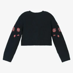 Girls Navy Blue Floral Knitted Cardigan
