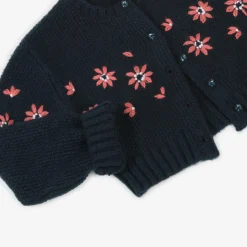 Girls Navy Blue Floral Knitted Cardigan
