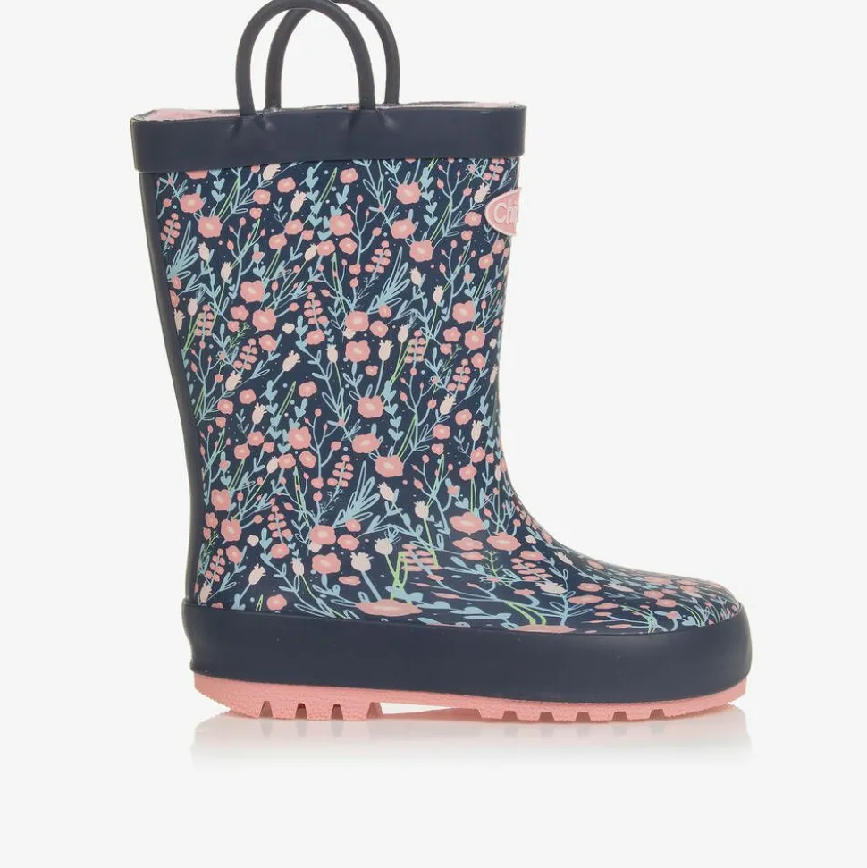 Girls Navy Blue Floral Rain Boots