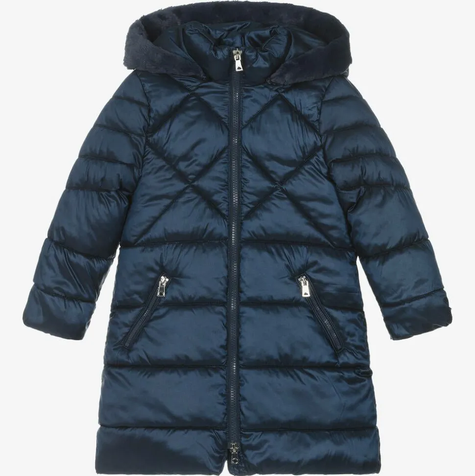 Girls Navy Blue Hooded Puffer Coat