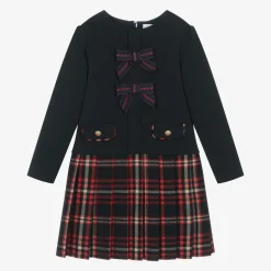 Girls Navy Blue Jersey & Tartan Flannel Dress