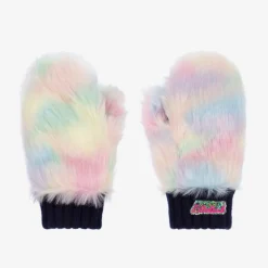 Girls Navy Blue Knit & Faux Fur Mittens