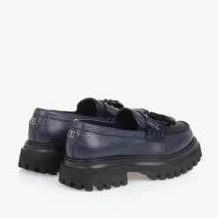 Girls Navy Blue Leather Loafers