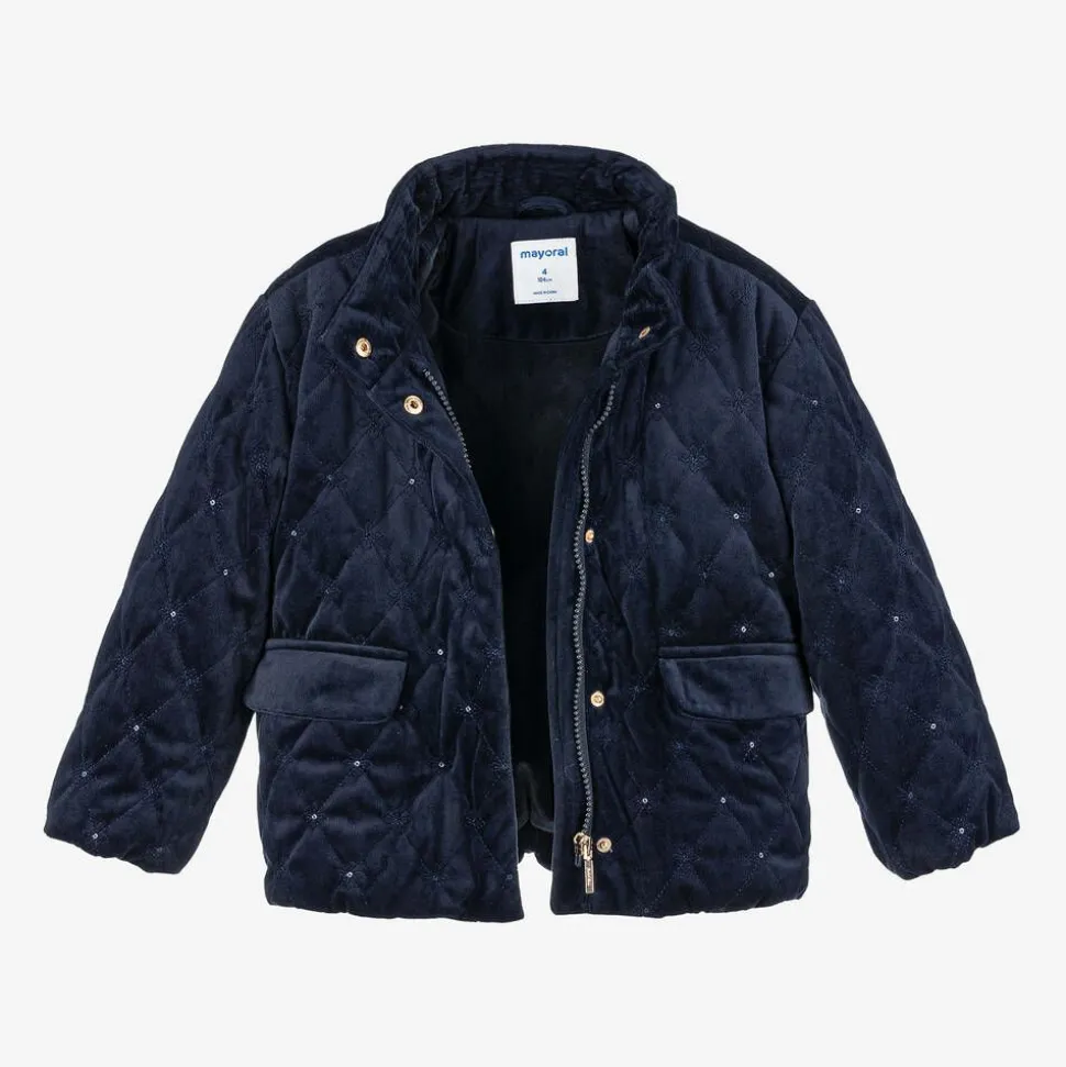 Girls Navy Blue Quilted Velvet Jacket