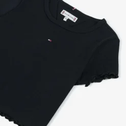 Girls Navy Blue Ribbed Cotton T-Shirt