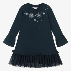 Girls Navy Blue Snowflake Cotton Dress
