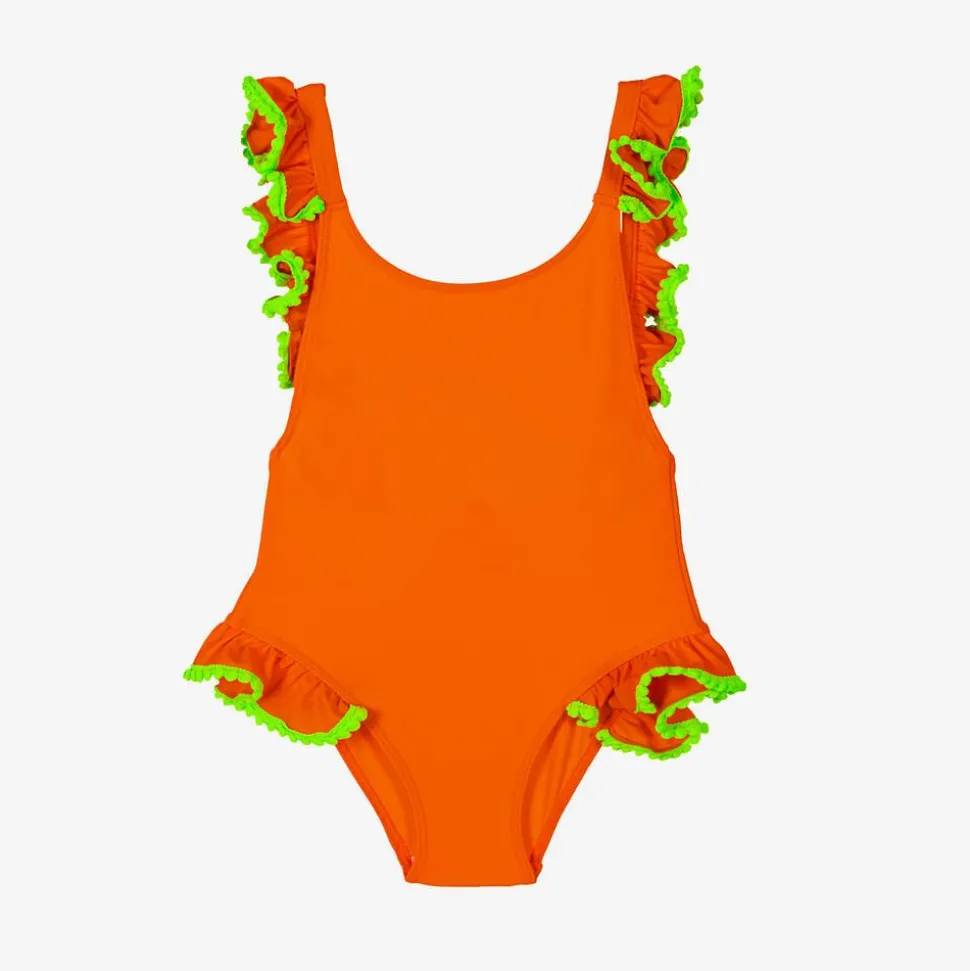 Girls Orange Ruffle & Green Pom-Pom Swimsuit