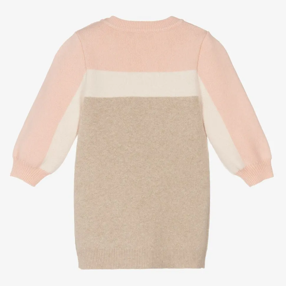 Girls Pink & Beige Cotton Sweater Dress