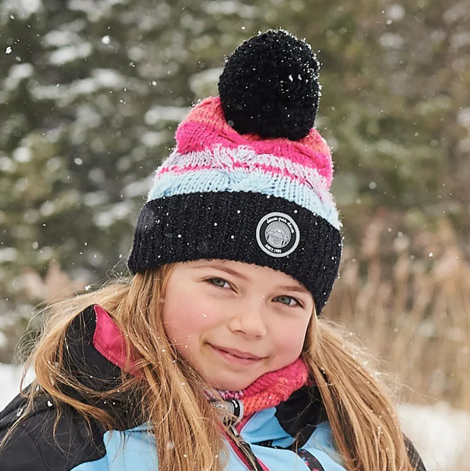 Girls Pink & Black Knitted Pom-Pom Hat