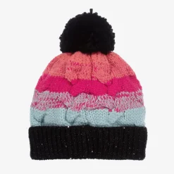 Girls Pink & Black Knitted Pom-Pom Hat