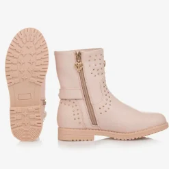 Girls Pink & Gold Studded Faux Leather Boots