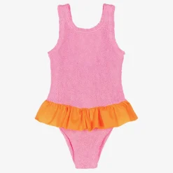 Girls Pink & Orange Crinkle Frill Swimsuit