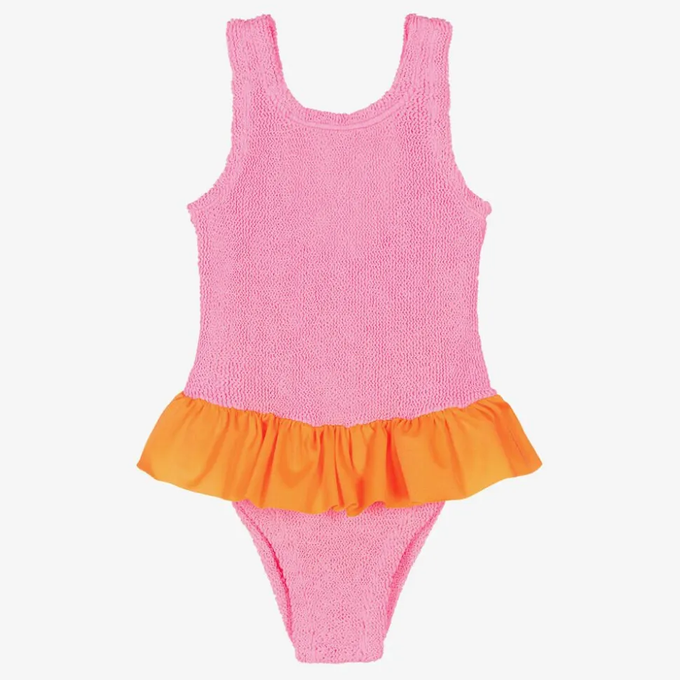 Girls Pink & Orange Crinkle Frill Swimsuit
