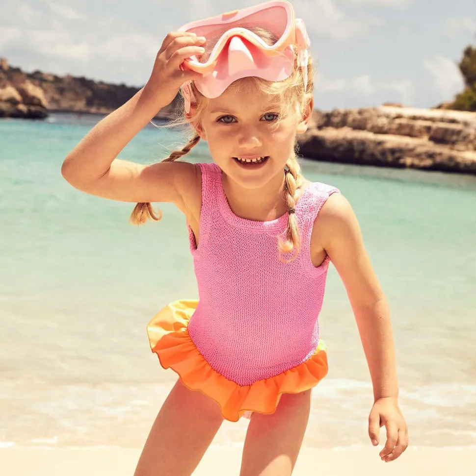 Girls Pink & Orange Crinkle Frill Swimsuit