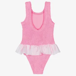 Girls Pink & White Crinkle Frill Swimsuit