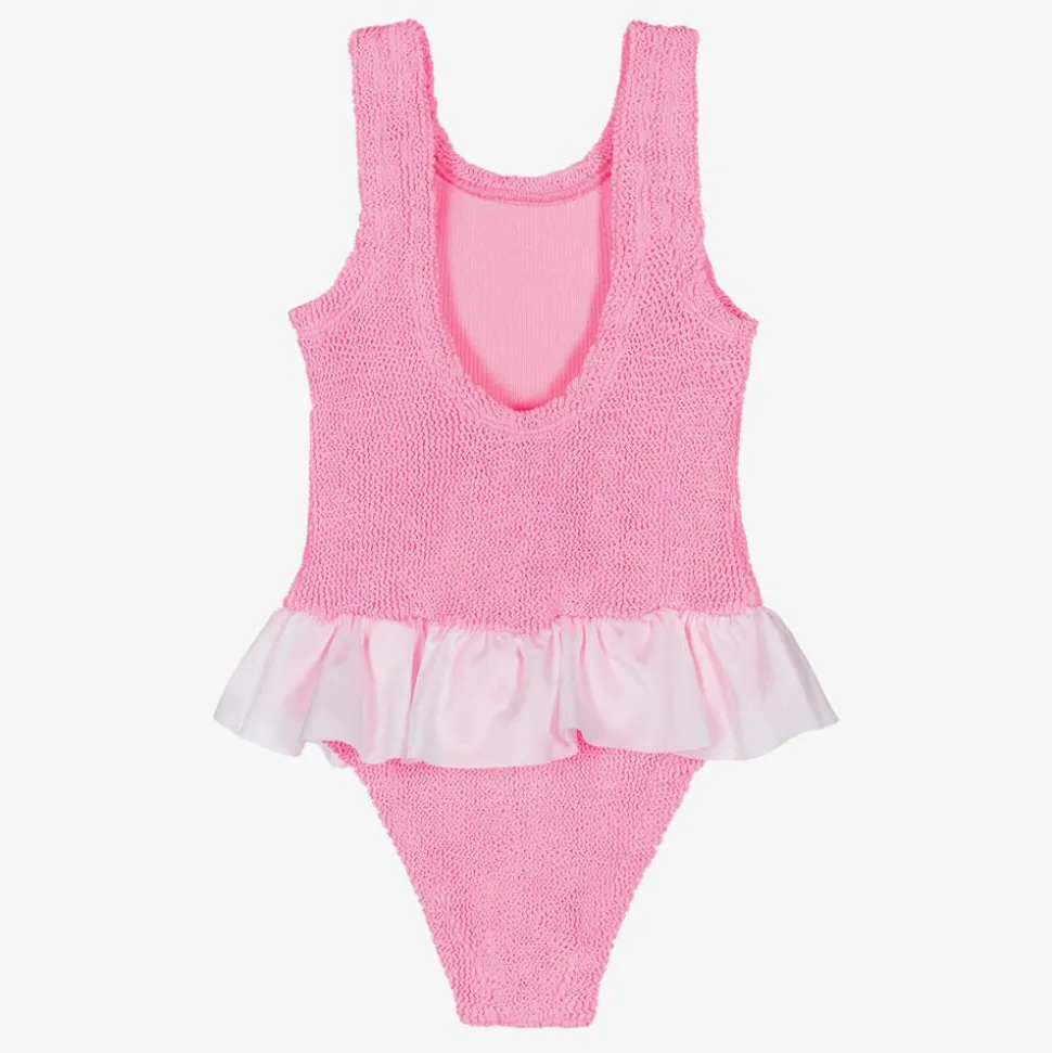Girls Pink & White Crinkle Frill Swimsuit