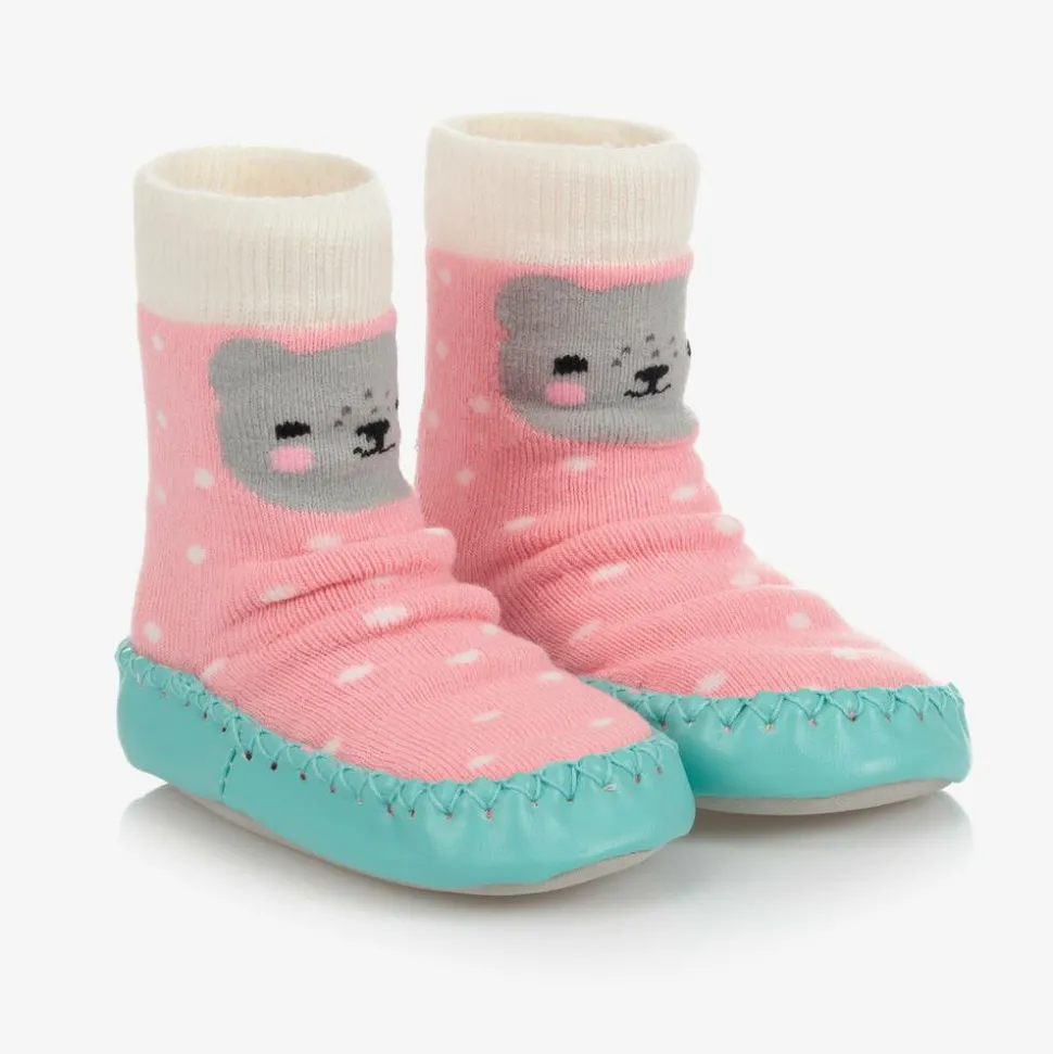 Girls Pink Bear Slipper Socks