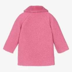 Girls Pink Bouclé & Faux Fur Collar Coat