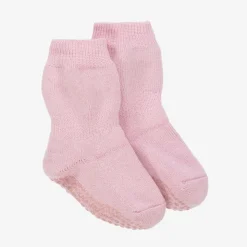 Girls Pink Cotton & Wool Slipper Socks