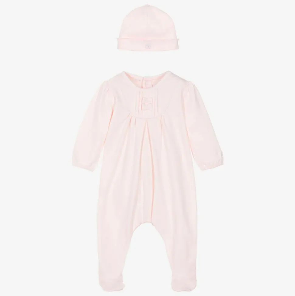 Girls Pink Cotton Babygrow & Hat Set