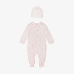 Girls Pink Cotton Babysuit & Hat Set