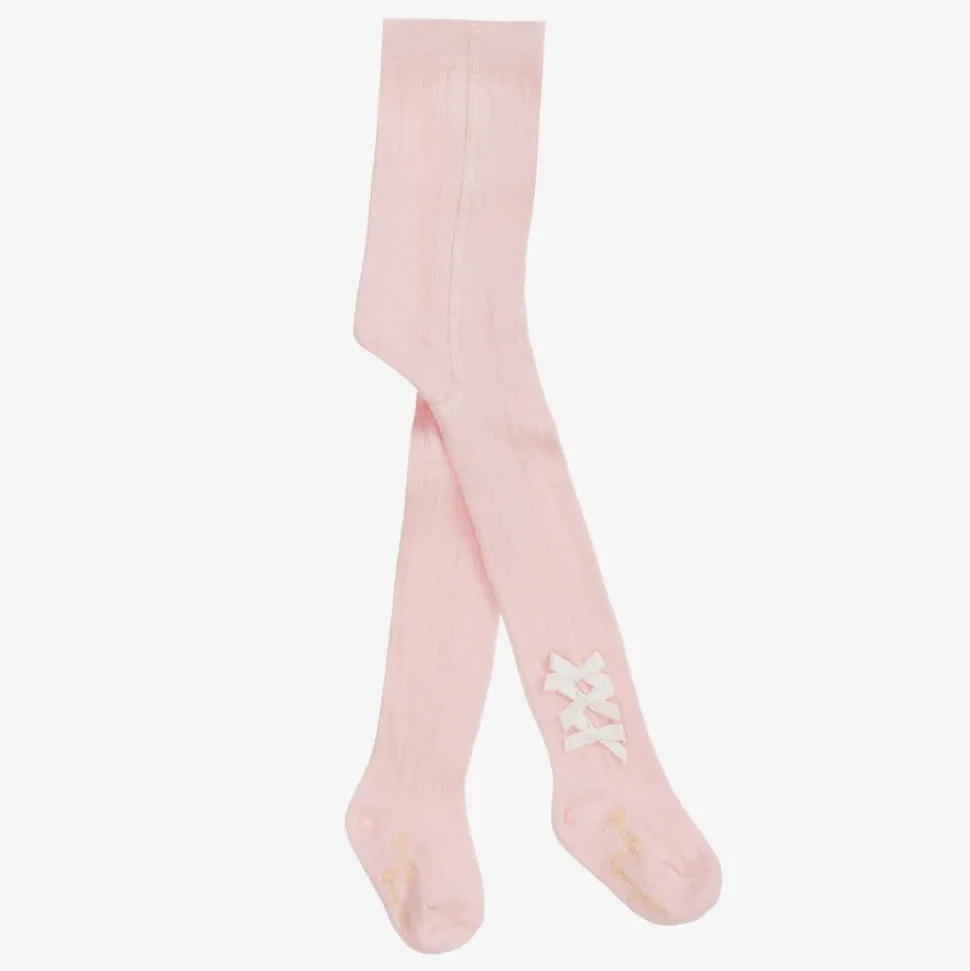Girls Pink Cotton Bow Tights