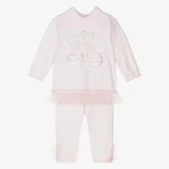 Girls Pink Cotton Crown Leggings Set