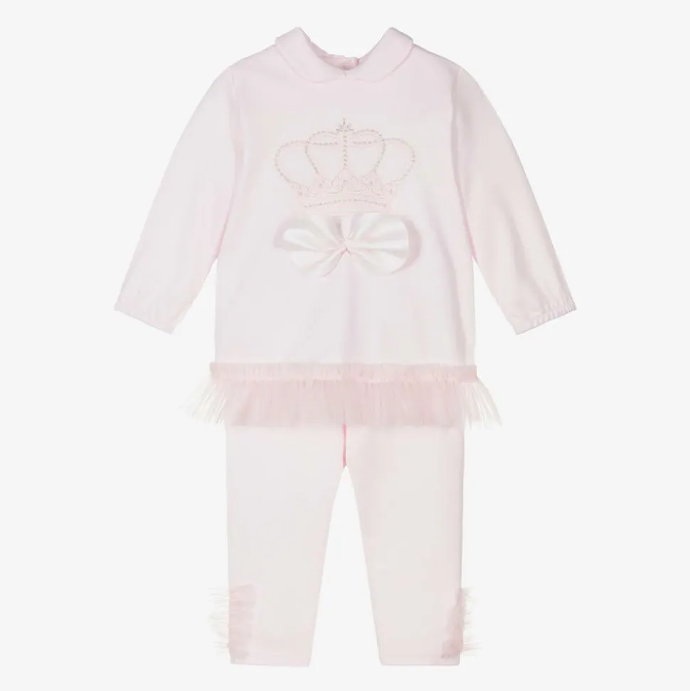 Girls Pink Cotton Crown Leggings Set